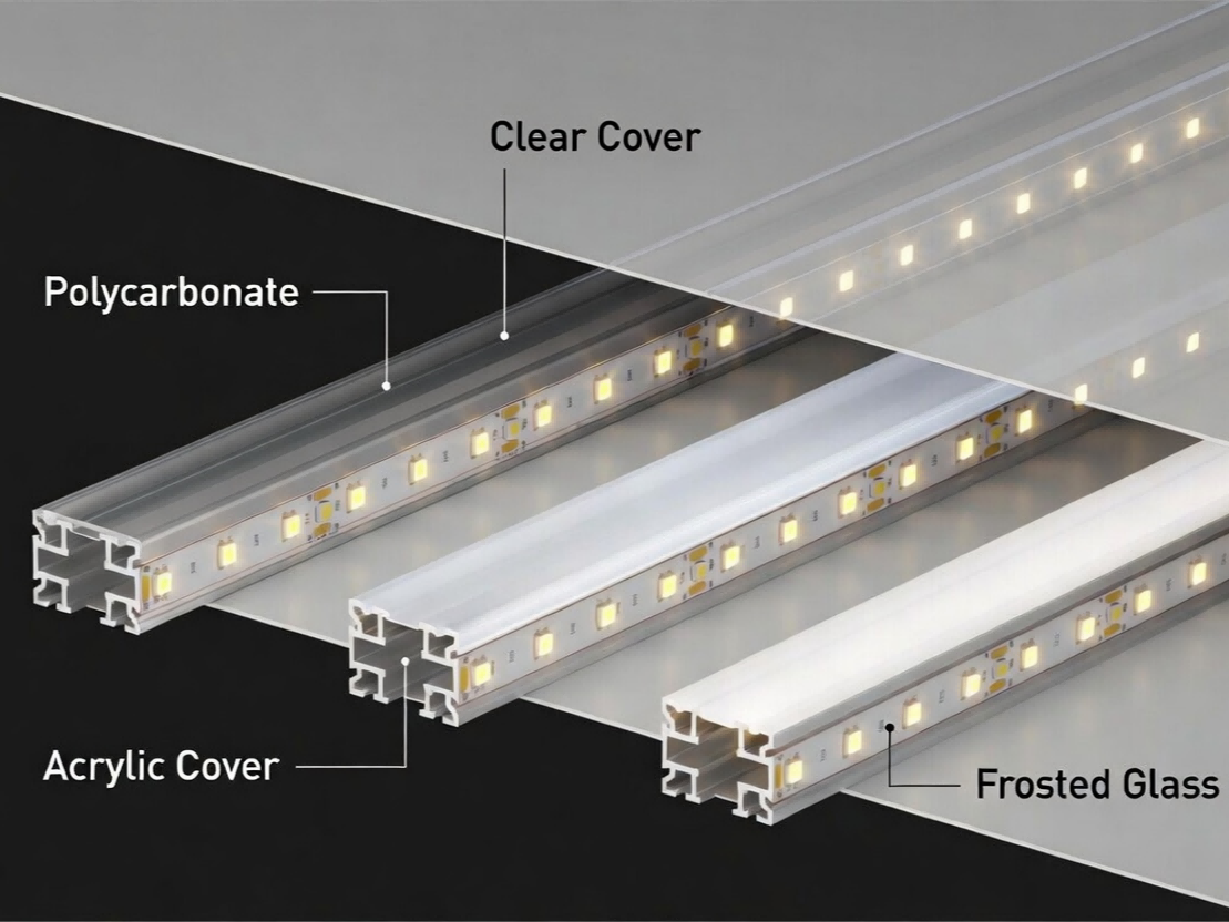 Technical comparison of LED strip light diffusion effects across different cover materials including polycarbonate and acrylic for architectural hospitality lighting