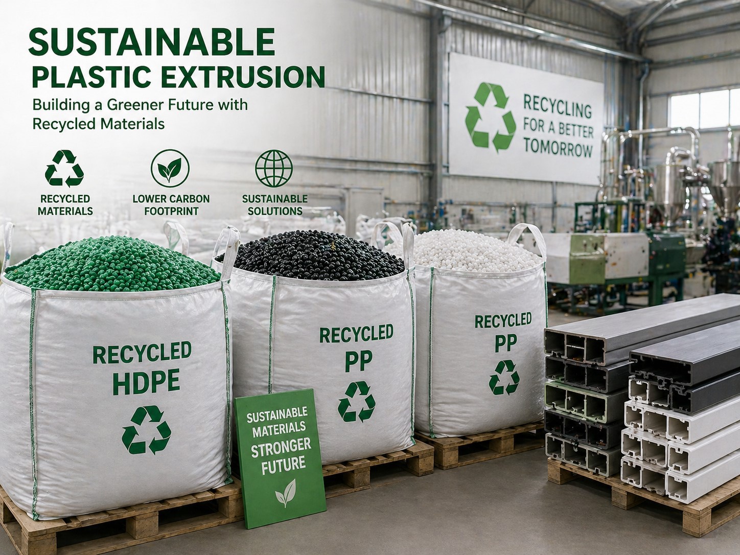 Sustainable Plastic Extrusion: Industrial storage of recycled HDPE and PP plastic pellets used for manufacturing green building materials and high-performance custom profiles.