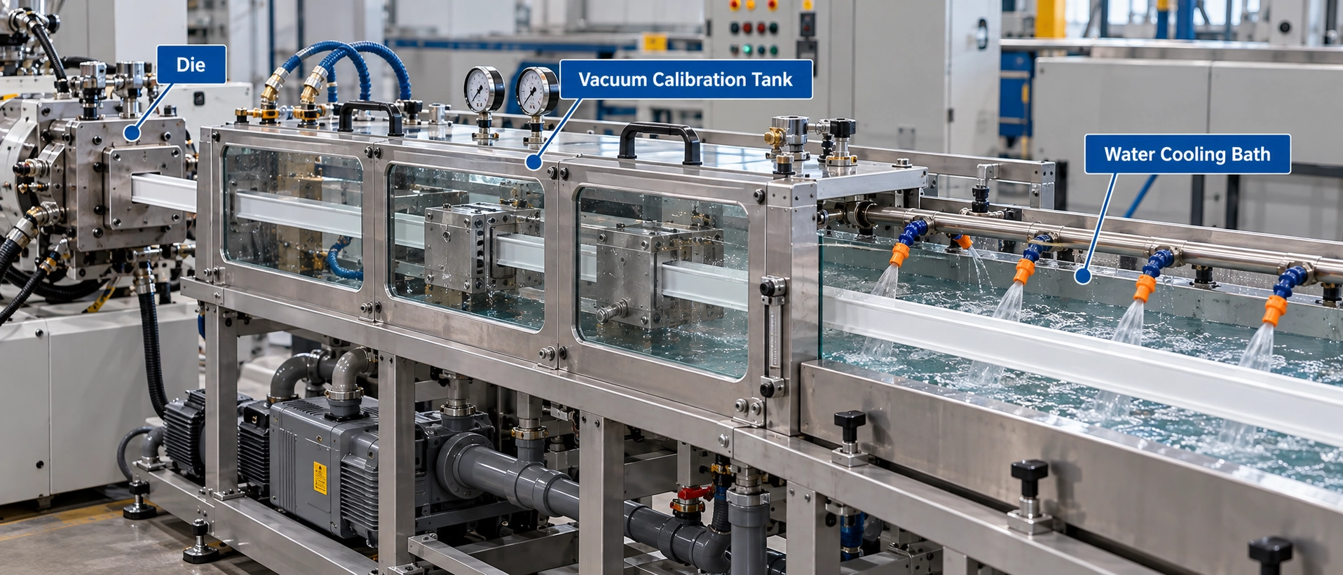 Commercial continuous polymer profile extrusion vacuum calibration tank and water cooling bath for precise temperature and dimensional stabilization Commercial continuous polymer profile extrusion vacuum calibration tank and water cooling bath for precise temperature and dimensional stabilization